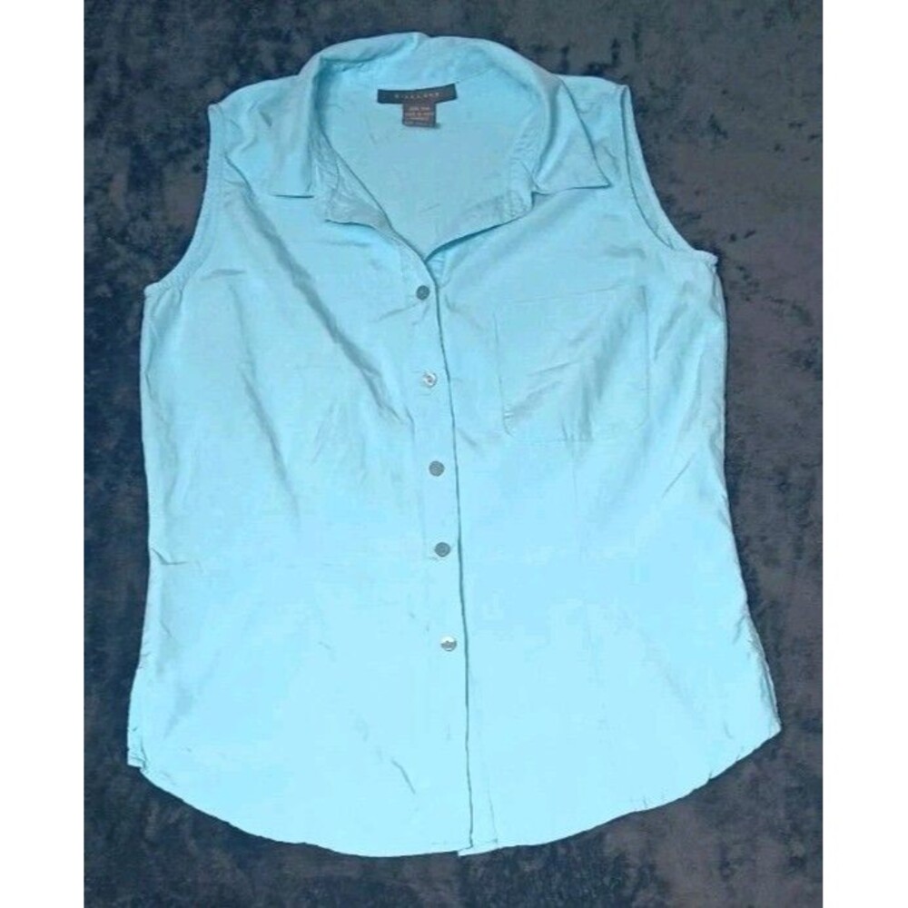 Silkland 100% Silk Sleeveless Button Blouse S Aqua Blue Quiet Luxury Old Money